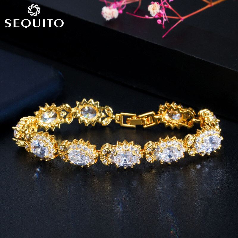 SEQUITO New Arrival Indian Luxury 18K Gold Plated Bangle Jewelry Pave Oval CZ Stones Flower Charm Bracelet for Women Wedding Party (Free Extended Clasp) B068 ราคา 293 บาท*ส่งฟรี