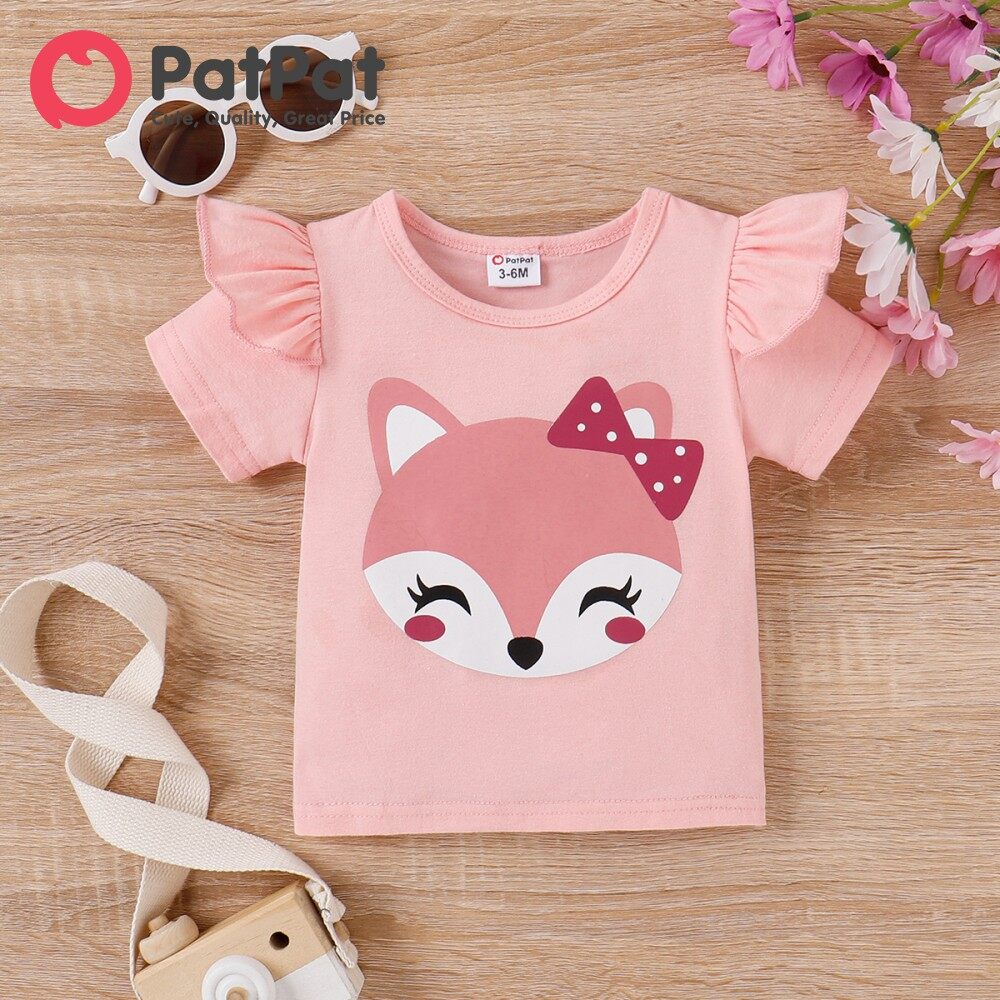 PatPat Baby Girl 95% Cotton Fox Print Flutter-sleeve Tee