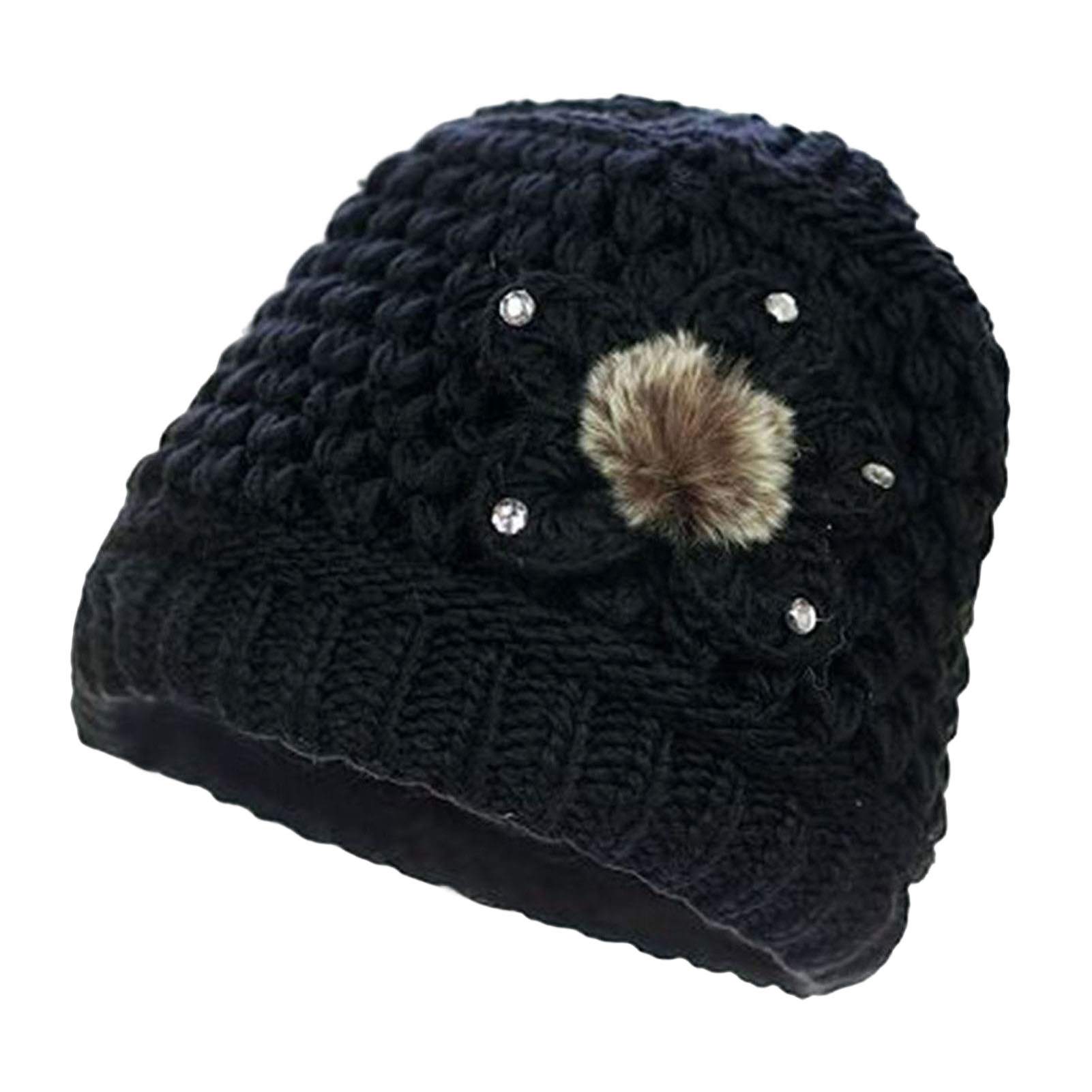 Ngôi Sao tài năng Mẹ Hoa Cài Mũ kim cương giả sáng bóng màu trơn mùa thu đông dày lót vải nhung Beanie dệt kim Mũ thời trang dạo phố Mũ phụ nữ sáng bóng