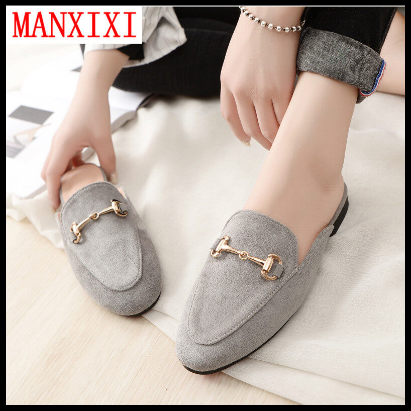 MANXIXI Brand Korean Version Flat Slippers Party Mules Sandals Big Size Round Head Leather Shoes For Women (32-44 Size) ราคา 516 บาท*ส่งฟรี