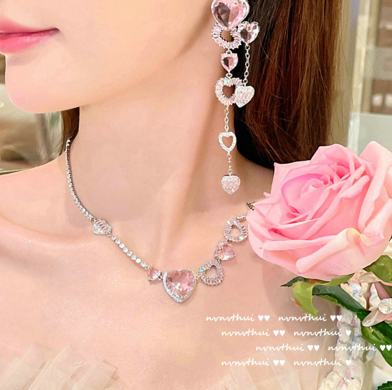 Vòng cổ đá quý Đào 18K vàng Morgan Hồng Trái Tim Bông tai đá zicon Bộ vòng cổ