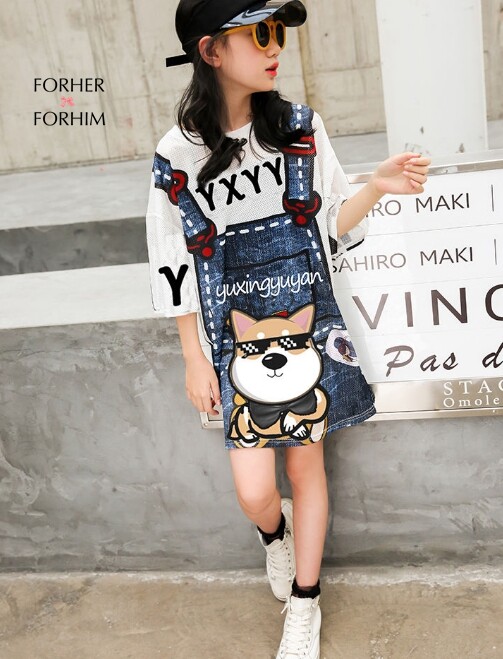 Áo Thun Cho Bé Gái FORHER FORHIM Mùa Hè  Mới Hàn Quốc Độ Dài Trung Bình 6-11 Áo Thun Trẻ Em Đầm Rộng Tay Ngắn Cỡ Lớn FH0745