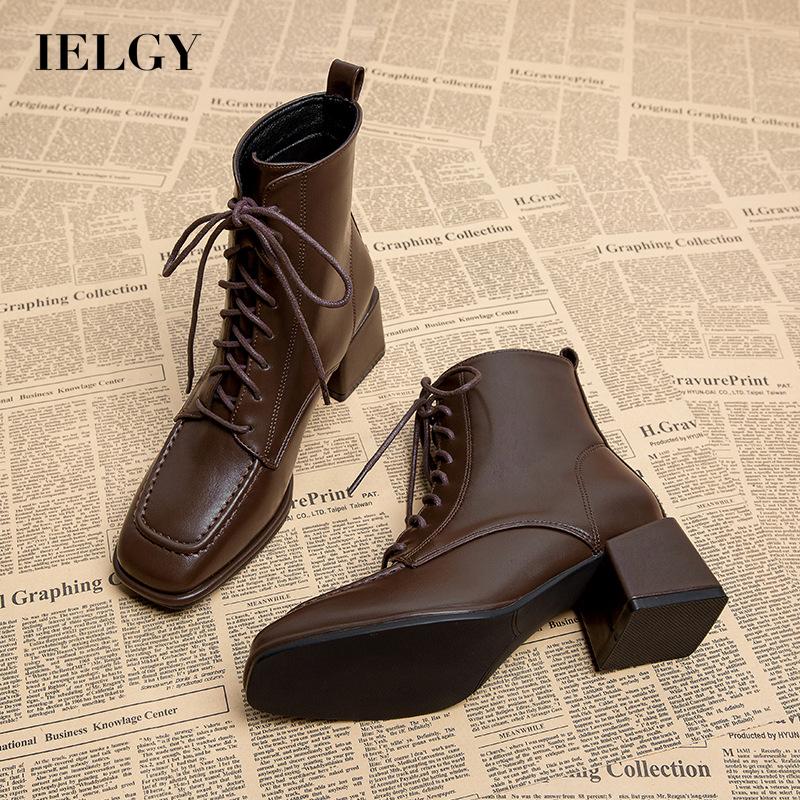 Ielgy bốt cổ ngắn mũi vuông buộc dây cao gót đẹp trai cho nữ