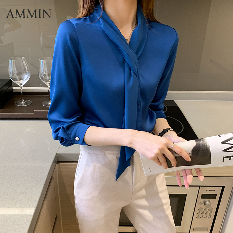 Áo sơ mi công sở thường ngày mùa thu ammin dành cho nữ, streamer áo voan dài tay thời trang satin áo cánh nữ