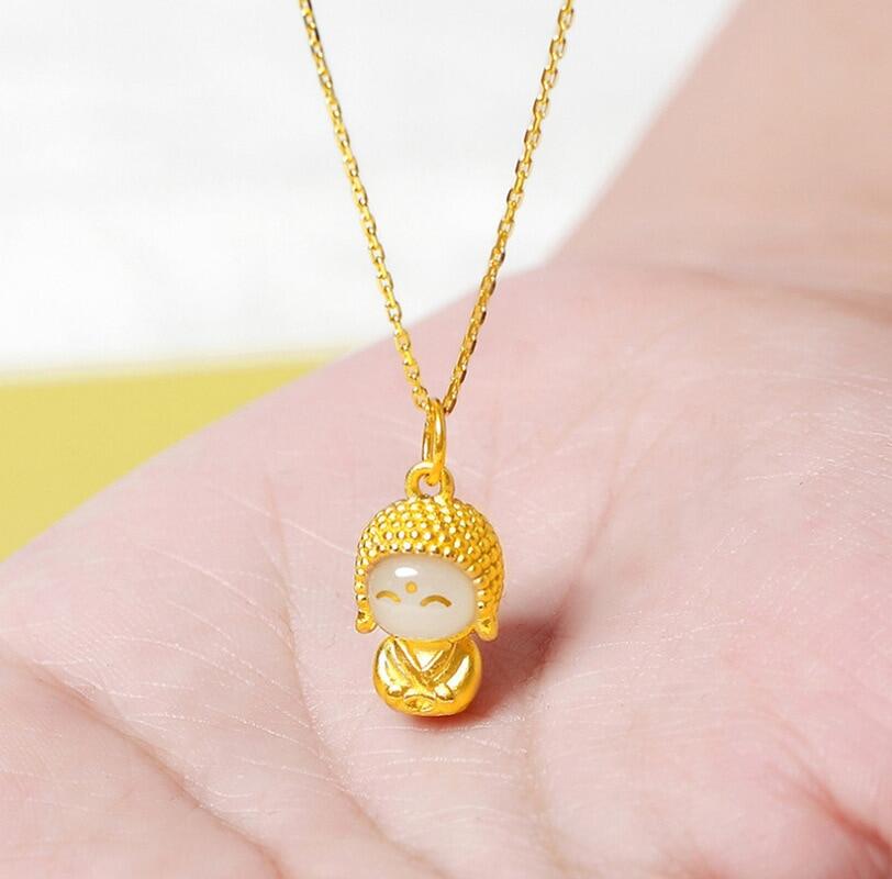 ZZOOI Multiple Cute White Faced Buddha Necklaces for Women Man Unisex Brass Gold Chain Portrait Pendant Chokers Necklace Birthday Gift