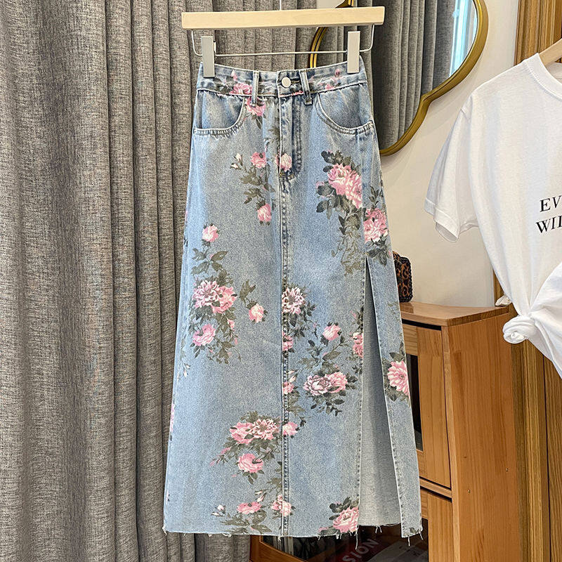 Chân váy in họa tiết denim xẻ tà mỏng thường ngày retro mới mùa xuân và mùa hè chân váy midi túi đeo hông cho nữ