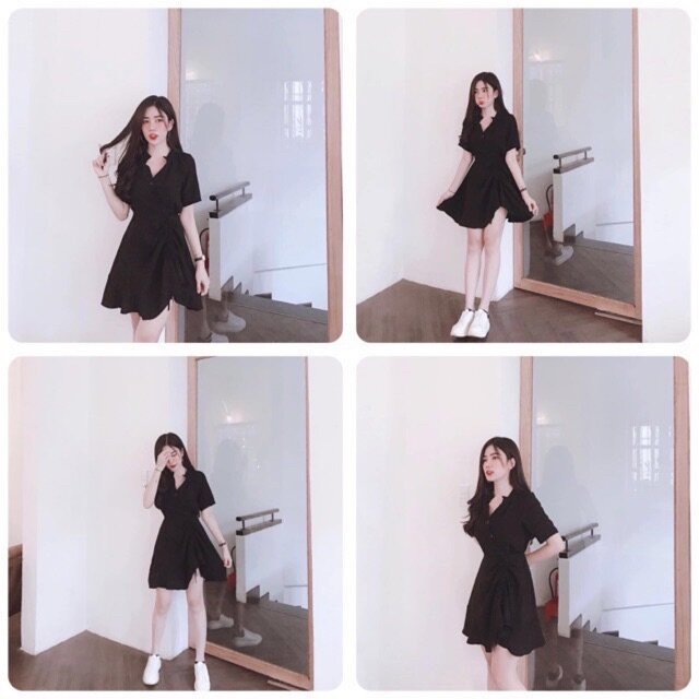 Đầm đen nút rút dây cổ trụ