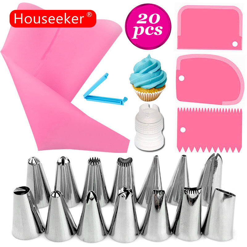 Houseeker Bộ 20 món gồm túi bắt bông kem bằng silicone và 14 vòi phun kem tự làm, có thể tái sử dụng, màu xanh dương/hồng - INTL
