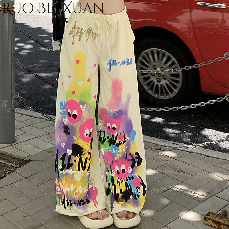 Ruo Bei Xuan Graffiti printed casual pants women's high waist drawstring wide leg pants summer high waist loose slim mopping long pants ins ราคา 147 บาท*ส่งฟรี