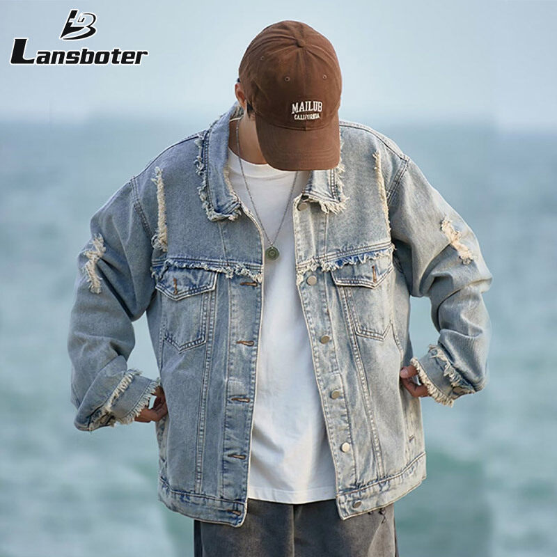 Lansboter Áo khoác Denim rách đường vắt sổ lỏng Retro Áo khoác làm việc đơn giản dễ phối dáng rộng phong cách đơn giản