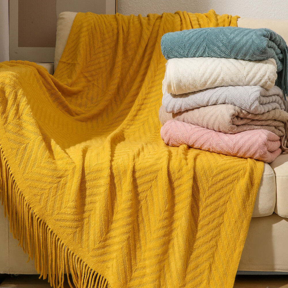 Nordic Blanket Knitted Blanket Soild Color Sofa Throw Blanket with Tassels