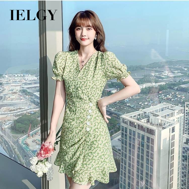 Ielgy đầm ngắn hoa cúc nhỏ tay phồng thời trang phong cách pháp mùa hè cho nữ