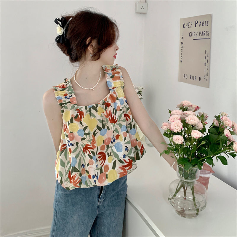 Dây Đeo Hoa Ngọt Ngào Và Sang Trọng Kiểu Pháp Trang Phục Đám Đông Nhỏ Cảm Giác Thiết Kế Mùa Hè Cho Nữ Áo Cô Gái Cay Ngắn Dáng Rộng