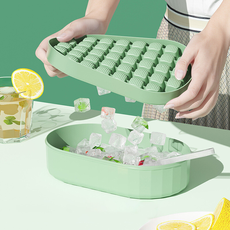 Khuôn khay làm đá viên 72 ô kèm hộp đựng kèm xẻng khay làm đá silicon dung tích lớn dụng cụ đế mềm cho mùa hè