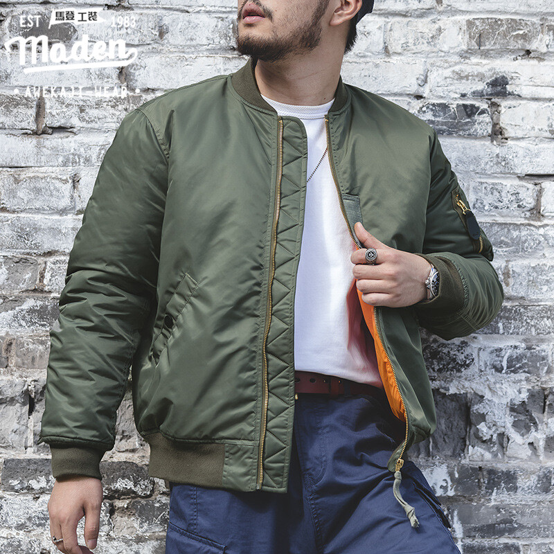 Maden thương hiệu người đàn ông 2023 mùa thu mới trẻ cứng rắn người Mỹ Retro chiến tranh thế giới II Màu Xanh Lá Cây Ma-1 áo khoác gió ngắn phần ấm áp áo nam vải bông dày