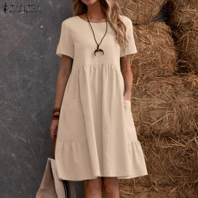 Zanzea đầm suông chữ a cổ điển dáng rộng thường ngày cho nữ đầm kaftan dáng rộng màu trơn đầm thun midi #15