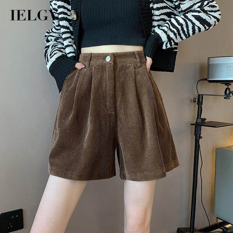 IELGY Quần Short Nhung Kẻ Đồ Mặc Ngoài Cho Nữ Eo Cao Chữ A