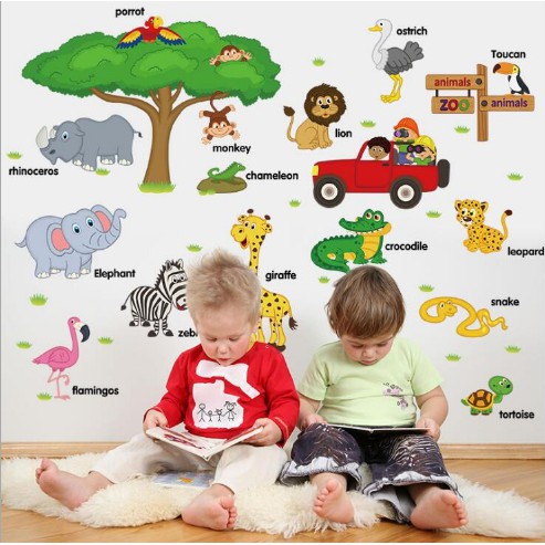 Giấy dán tường decal bé học tiếng anh thế giới động vật decor phòng