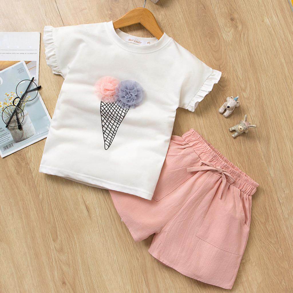 Trang phục bộ quần áo hoa T-Shirt + Bowknot in hình em bé Toddler Quần