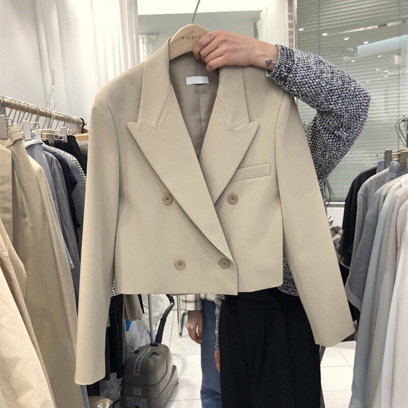 Áo Khoác Nữ, Áo Khoác Blazer Hai Hàng Khuy Ngắn Màu Trơn Mùa Xuân Và Mùa Thu Phiên Bản Hàn Quốc Bộ Đồ Thời Trang Nữ Tính Áo Khoác Nữ Áo Khoác Thường Ngày