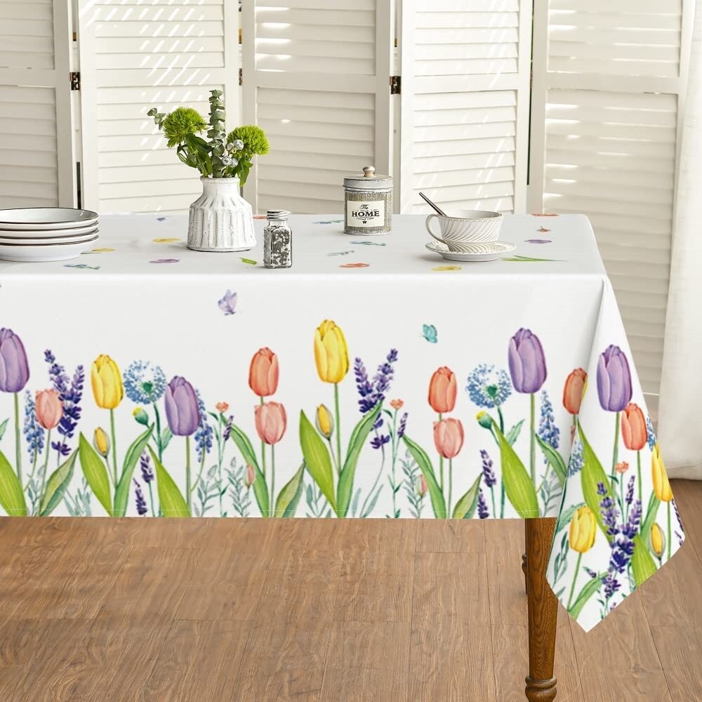 【Fire New】 Easter Spring Waterproof Tablecloth Watercolor Wild Flowers Tulip Lavender Floral Table Cover for Party Picnic Dinner Decor