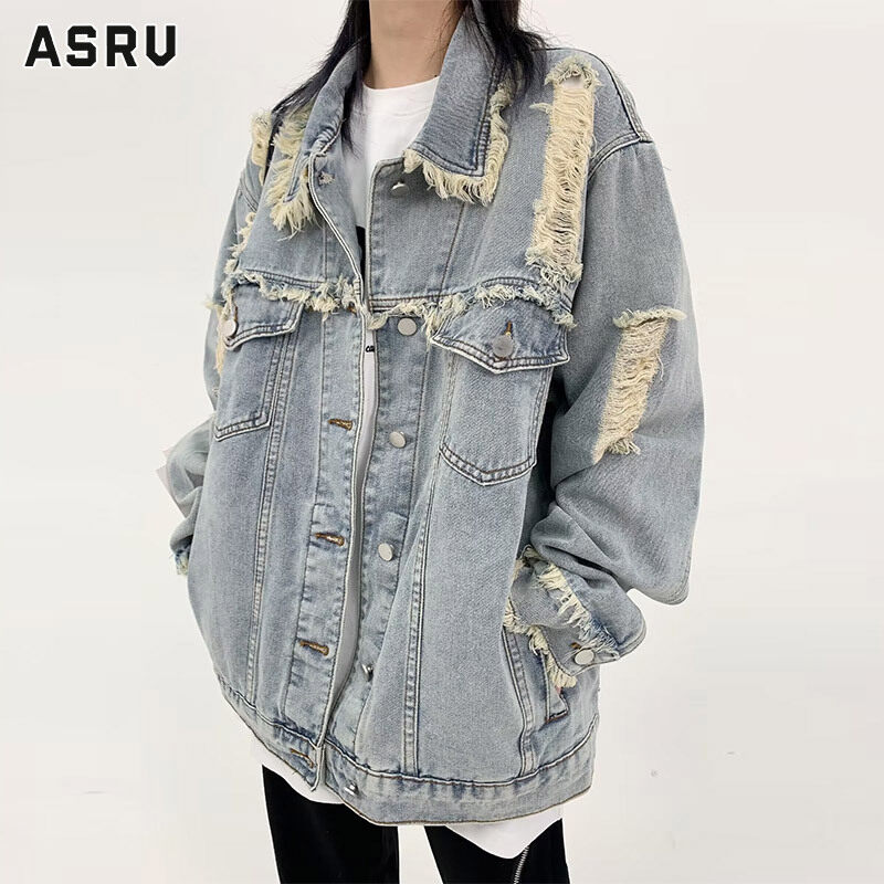 ASRV Vintage raw edge ripped denim jacket men s loose casual versatile