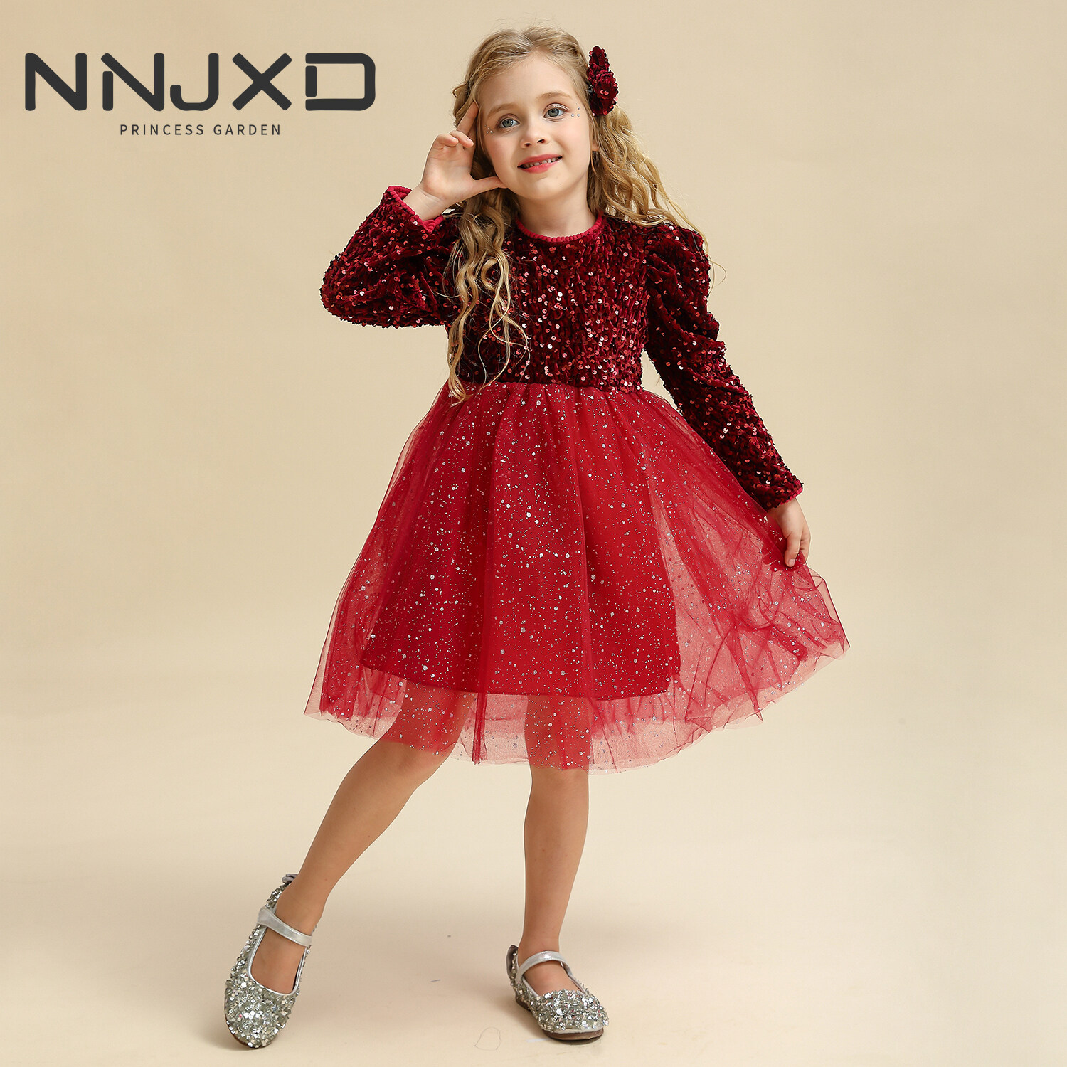 NNJXD 3-8 Years Spring Autumn Long Sleeve Dress Sequin Dress Lace New Year