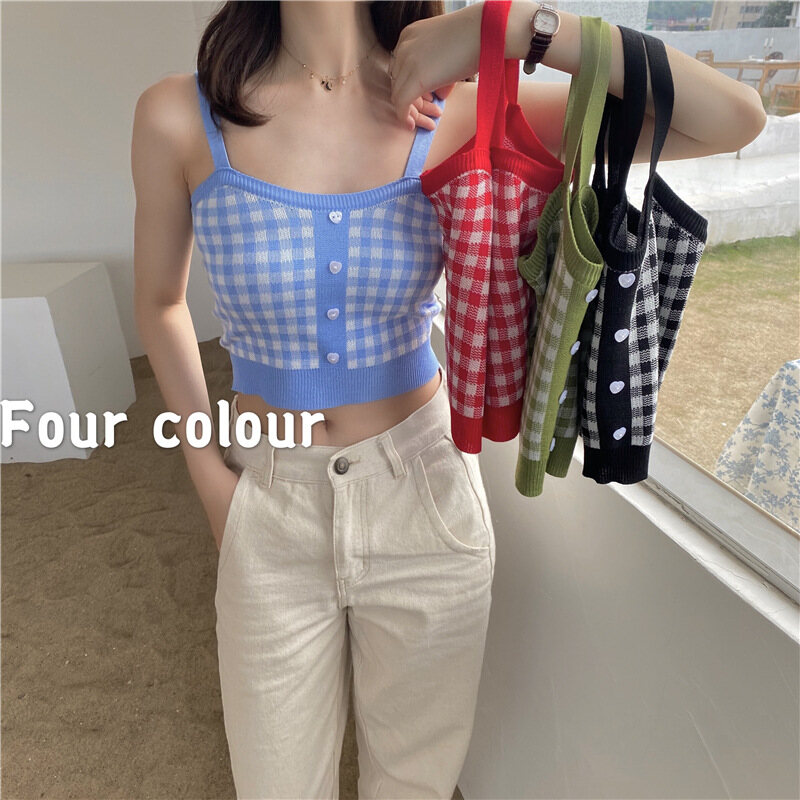 Áo hai dây dệt kim kẻ ca rô cổ điển cho nữ áo ba lỗ có cúc không tay dây mảnh áo ba lỗ ngắn dệt kim kẻ ca rô cổ điển áo ôm sát