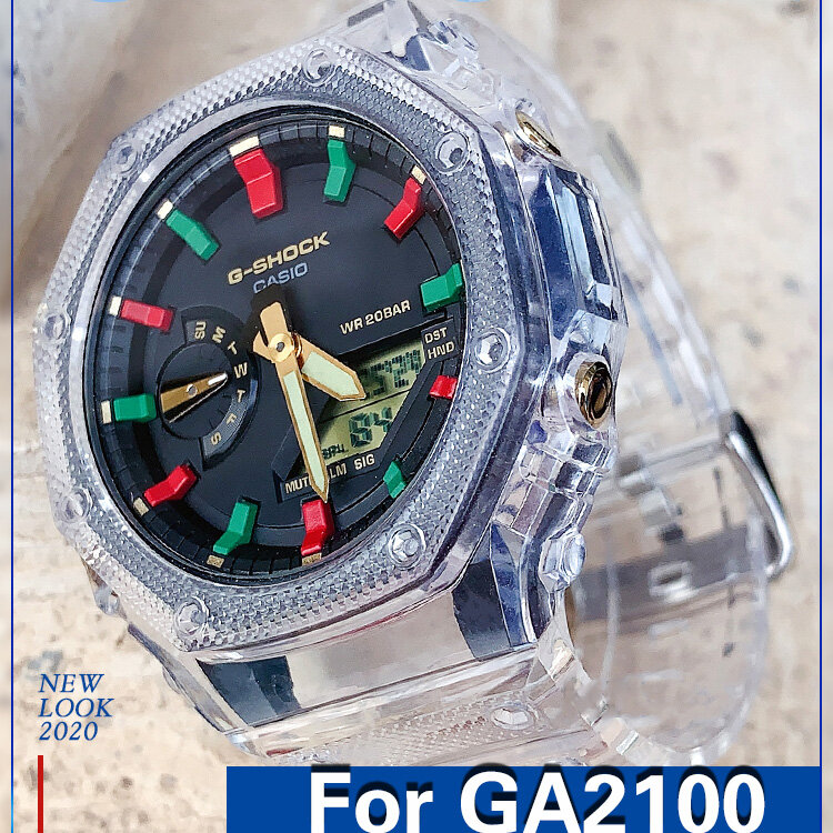 Nhựa Trong Suốt Trường Hợp + Dây Đeo Cho GA2100 Phụ Kiện Cầu Vồng Dây Đeo Dây Đeo Đồng Hồ Cho GA-2100 Vòng Đeo Tay Bezel/Case Belt Watchband