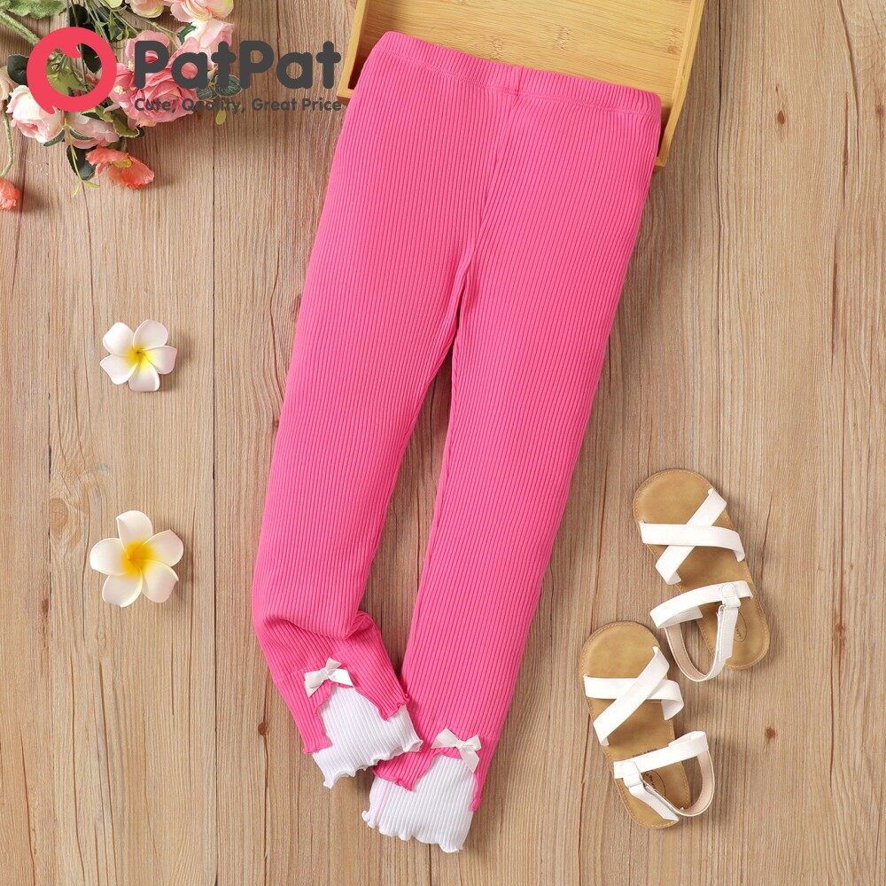 PatPat Kid Girl Cotton Ribbed Bow Decor Solid Leggings