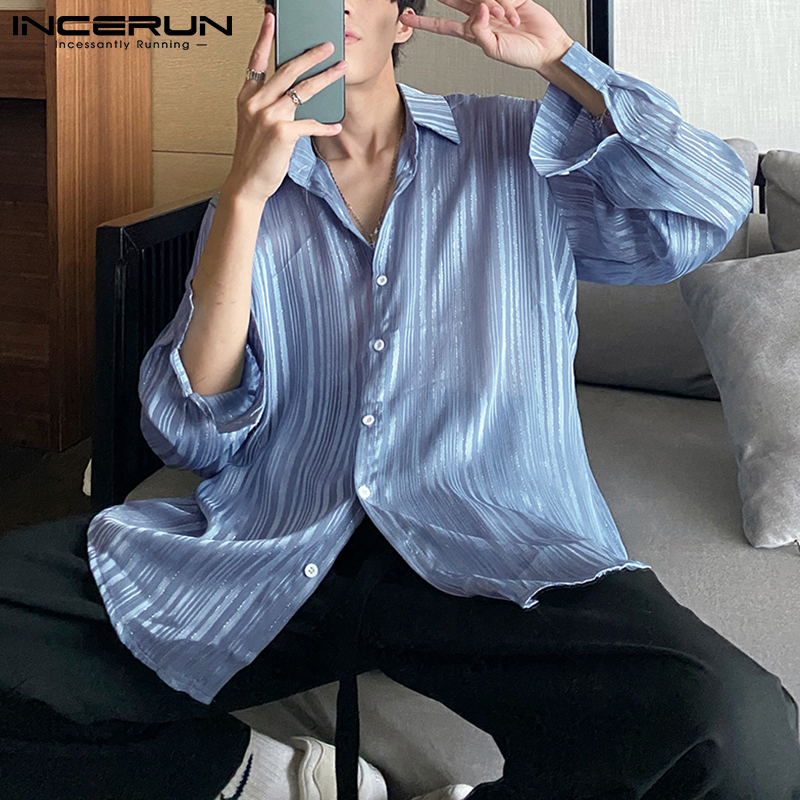 (Phong Cách Hàn Quốc) INCERUN Áo Thun Nam Kẻ Sọc Dài Tay Thời Trang Xem Thông Qua Clubwear Đảng Tops Tee