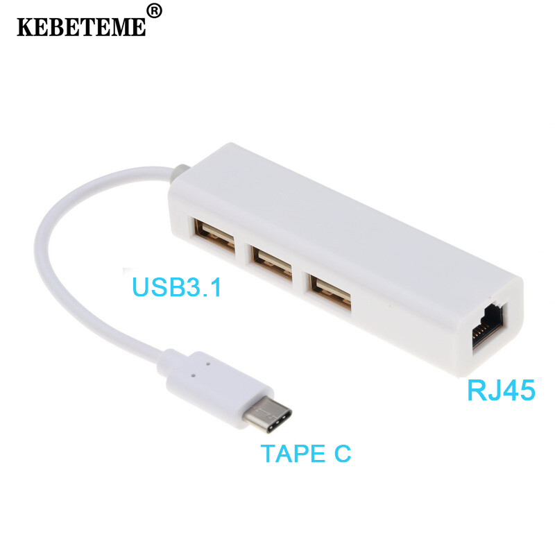 KEBETEME Bộ Chuyển Đổi Ethernet Type C Sang RJ45 Với Bộ Chuyển Đổi LAN Card Mạng 3 Cổng USB 3.1 Loại USB-C