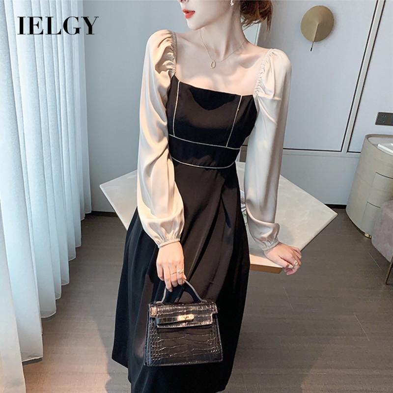 IELGY Đầm Cổ Vuông Dài Tay Thanh Lịch Phong Cách Pháp Màu Tương Phản Cho Nữ