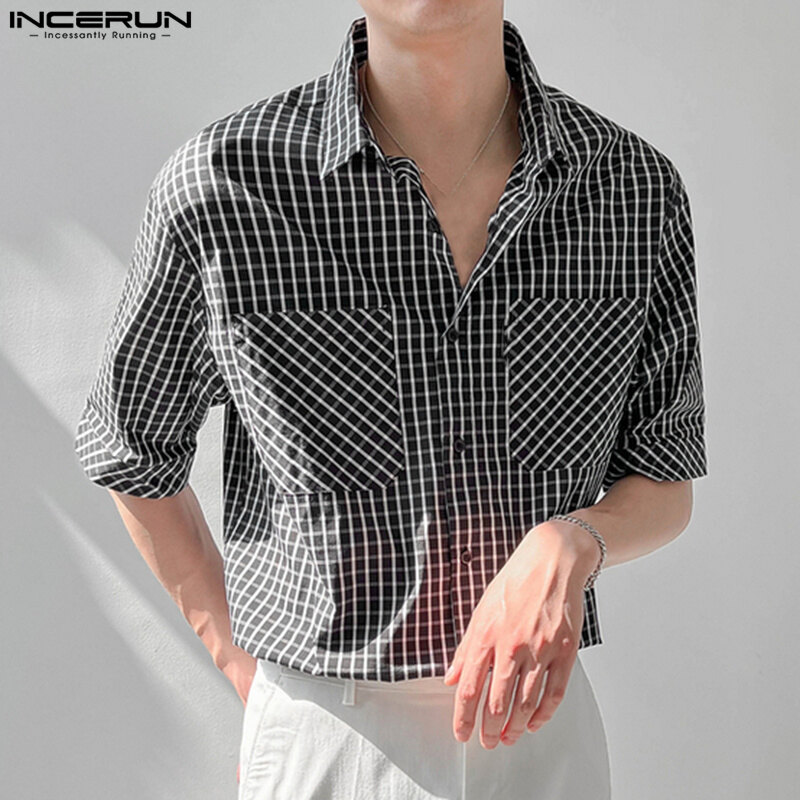 Incerun áo sơ mi ngắn tay cho nam áo cánh cổ điển kẻ ca rô có cổ áo sơ mi cài nút