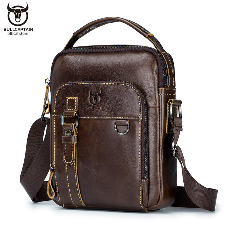 BULLCAPTAIN Leather Shoulder Messenger Bag Men's Classic Retro Multifunctional Double-Layer Storage Hanging Keychain Handbag