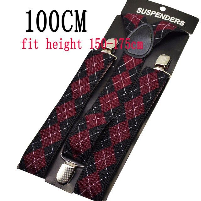 120ซม.สายเอี๊ยมรัดกางเกงสำหรับบุรุษ3.5ซม.ผู้หญิงใหญ่ Plussize Suspenders 3คลิปบน Y-Back ลายสก๊อตไวน์ดำสีแดง Braces Elastic BY13