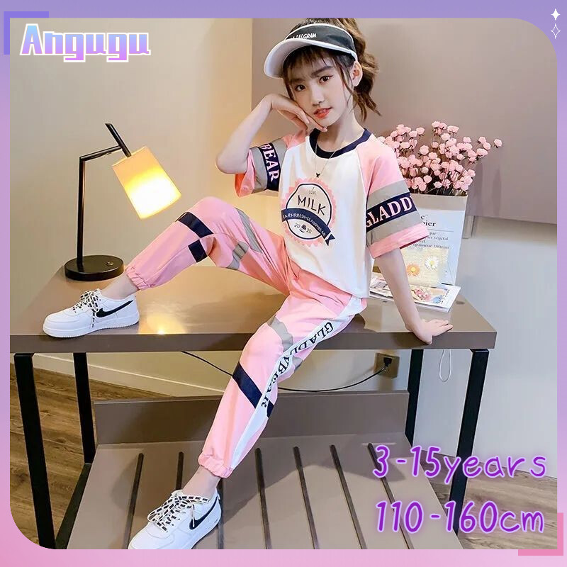 Angugu áo thun nữ tuổi teen bộ đồ thể thao mùa hè cho trẻ em áo thun ngắn tay bộ 2 chiếc 3 đến 4 đến 5 đến 6 đến 7 đến 8 đến 9 đến 10 đến 11 đến 12 đến 13 đến 14 đến 15-quần thể thao tuổi trẻ áo thun cỡ 110-160cm
