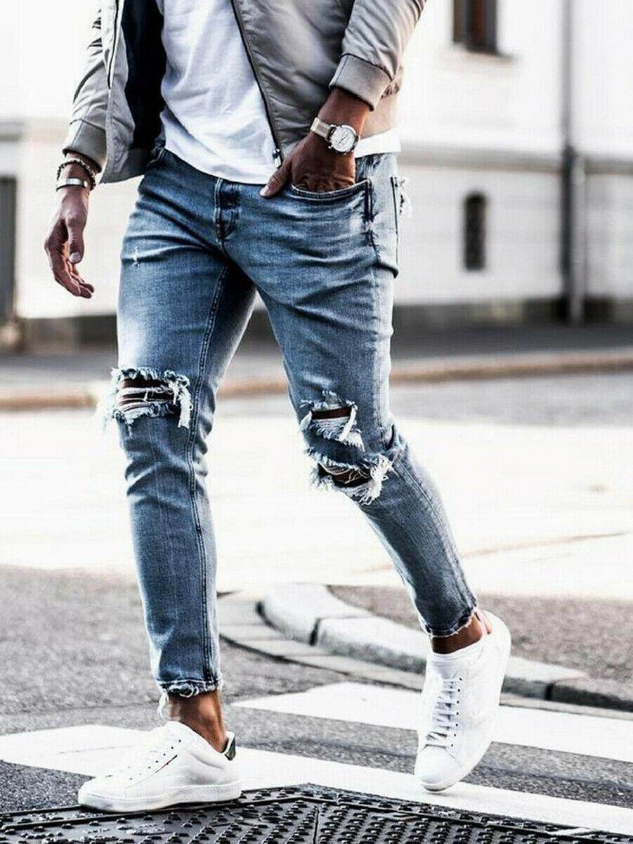 Thời Trang mới Nam Rách Skinny Sờn Lỗ Biker Slim Fit Xanh Dương Hoome Áo Thun Dài Denim Quần Dài Thể Thao