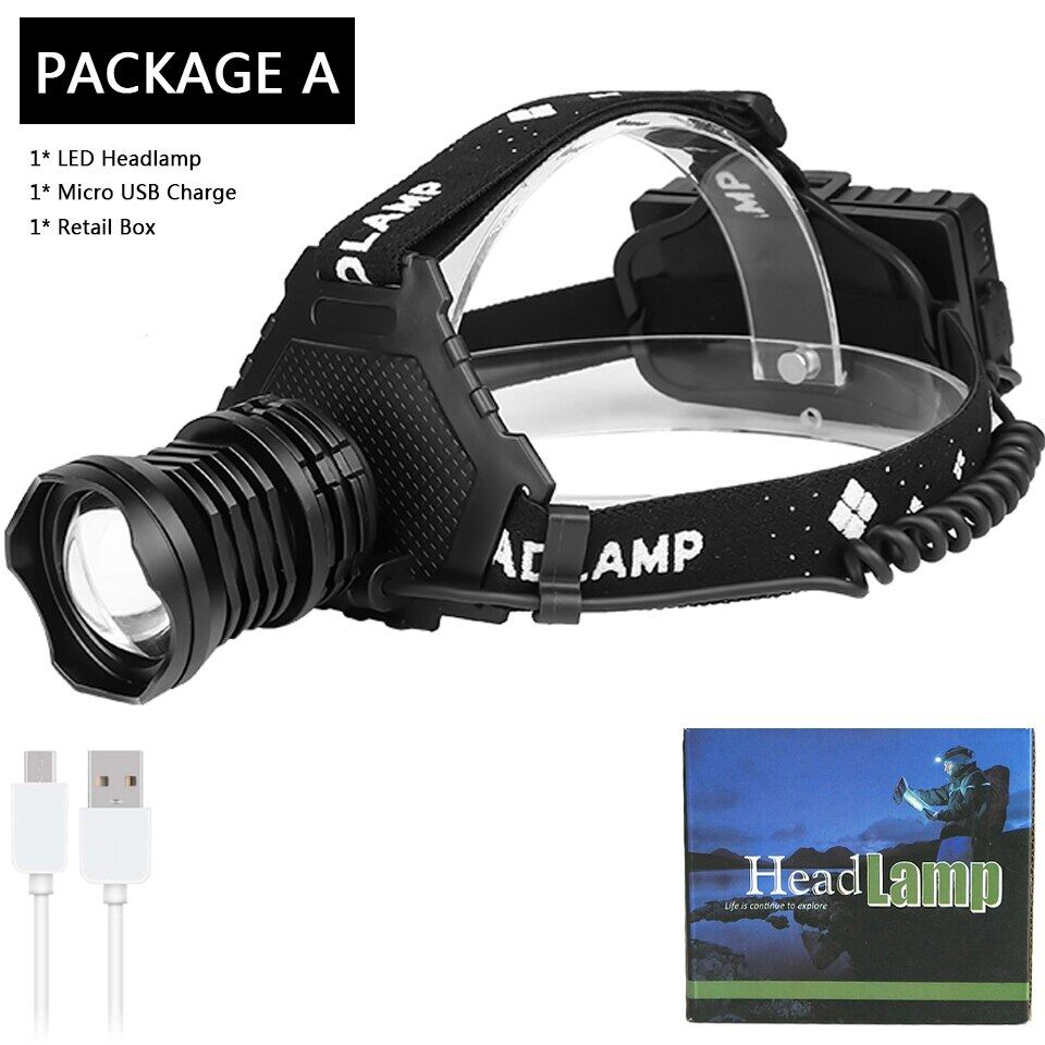 Đèn pha sạc dự phòng xhp90.2 mạnh nhất đèn pha led đèn pin đội đầu 32w có thể thu phóng pin 7800mah 18650
