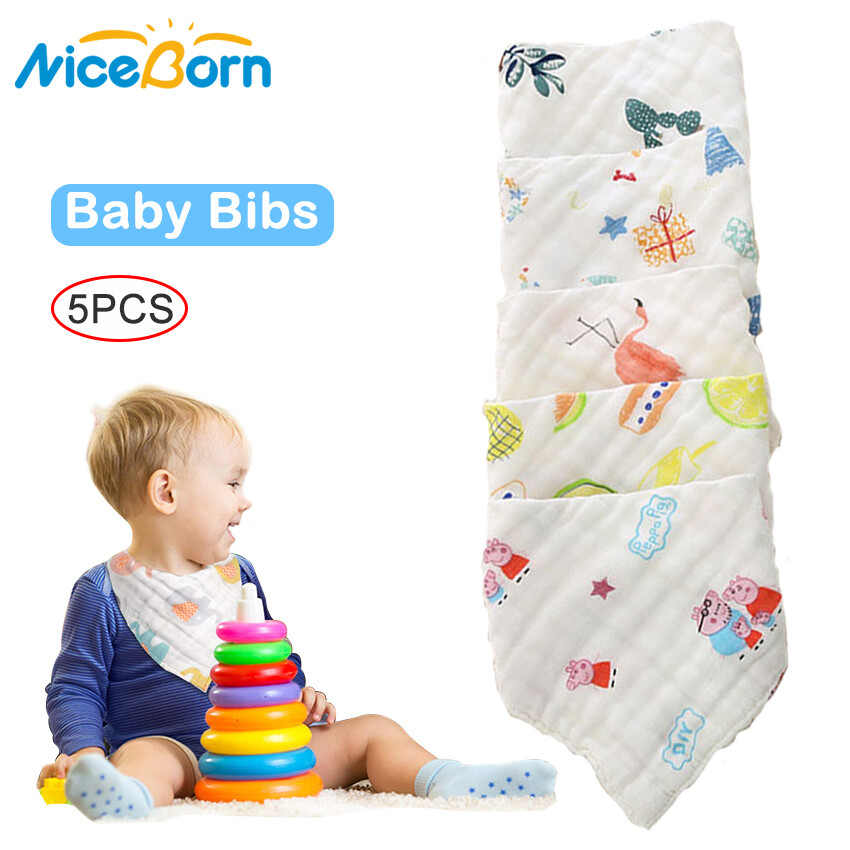 Niceborn 5 cái Yếm trẻ em 100% cotton mềm mại thoáng khí ợ vải yếm cho em bé thấm phim hoạt hình khăn quàng cổ trẻ em 6 lớp với Snap đôi cho bé trai & bé gái