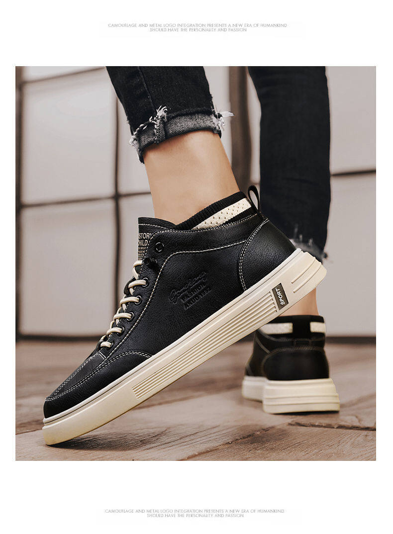 CARTELO shoes mens spring trend versatile high-ankle leather casual shoes mens waterproof and hard-wearing Hight increasing board shoes