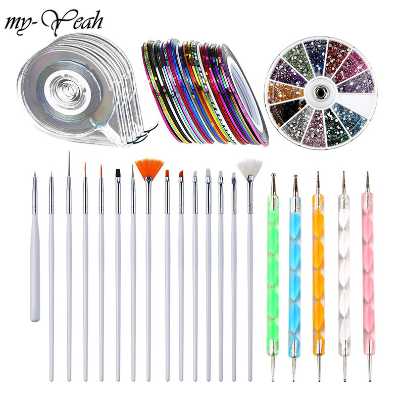 myyeah 55 Cái/bộ Nail Art Kit, Cọ Vẽ Chấm Miếng Dán Dải Băng Sọc Hộp Rỗng, Bộ Làm Móng Bánh Xe Trang Trí Kim Cương Giả