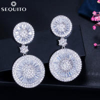 SEQUITO Lady Fashion Double Circle Design Big Drop Full Pave CZ Stones Dangle Earrings for Women Wedding 18K White Gold Plated Party Jewelry SE116