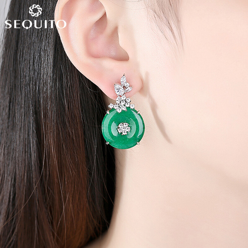 SEQUITO Vintage Green Emerald Wedding Round Drop with Leaf Flower CZ Women Earrings Jewelry Holiday Gift SE256 ราคา 293 บาท*ส่งฟรี