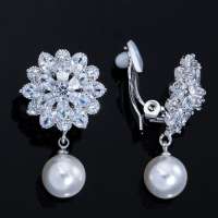SEQUITO 2024 New Trendy Cubic Zirconia Flower Drop with High Quality Shell Pearl Pierceless Clip on Earrings For Women No Piercing Ear Hole Wedding Party Jewelry SE005