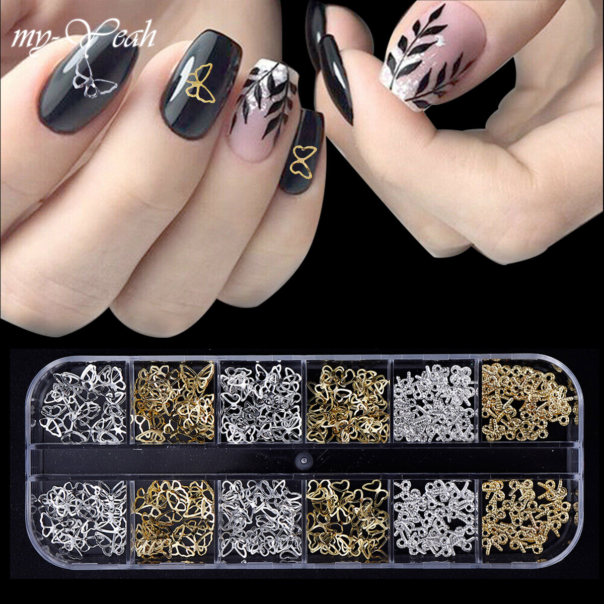 myyeah Hộp 12 Ngăn Kim Tuyến Họa Tiết Bướm Màu Vàng Bạc Đề Can Tự Làm Nhiều Hình Dạng Vảy, Kim Sa Đục Lỗ Trang Trí Móng Tay