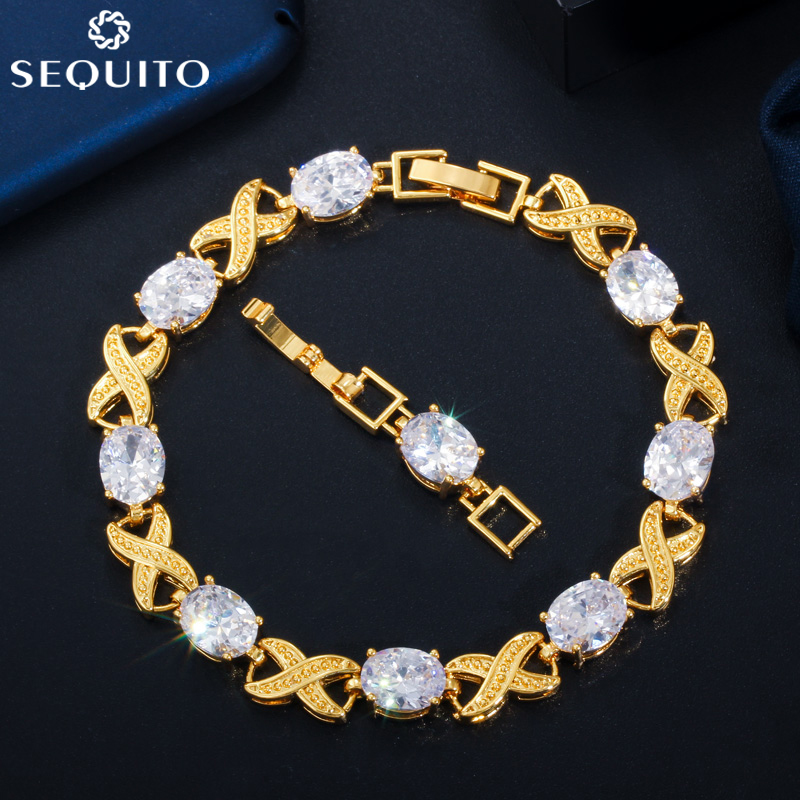 SEQUITO Luxury Yellow Gold Color Paved Shiny Oval Cubic Zirconia Tennis Bracelets Bangle for Dubai Party Women Jewelry B120 ราคา 281 บาท*ส่งฟรี