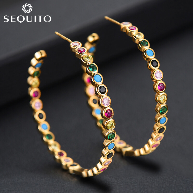 SEQUITO New Fashion Women Trendy Round Multicolor CZ Diamond Large Loop Hoop Earrings Pave Setting 18K Goldd Plated Handmade Jewelry for Female SE154 ราคา 293 บาท*ส่งฟรี