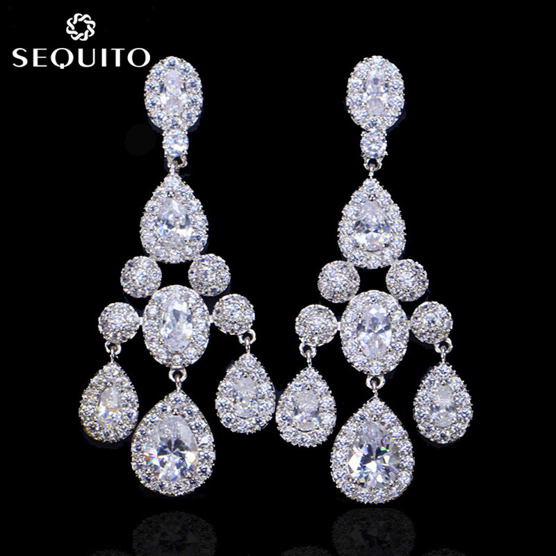 SEQUITO Luxury Wedding Party Women Long Hanging Jewelry Multi Cut Clear Cubic Zirconia Stones Big Chandelier Pendant Earrings for Bridal SE182 ราคา 293 บาท*ส่งฟรี